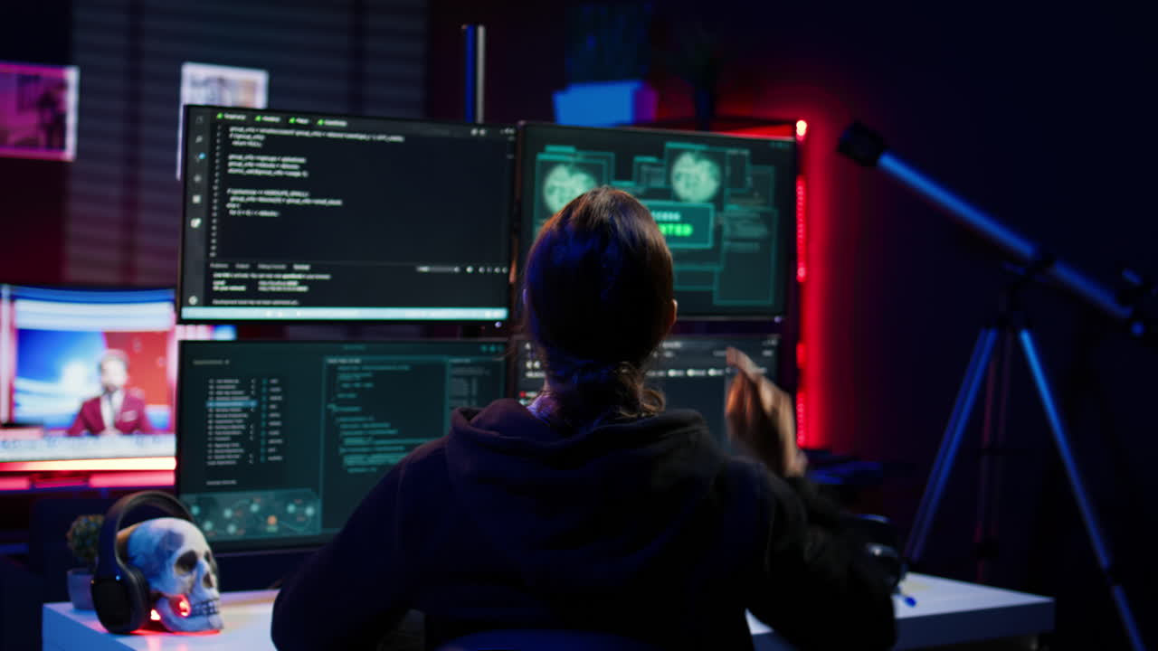 Happy hacker in secret hideout celebrating after hacking victims