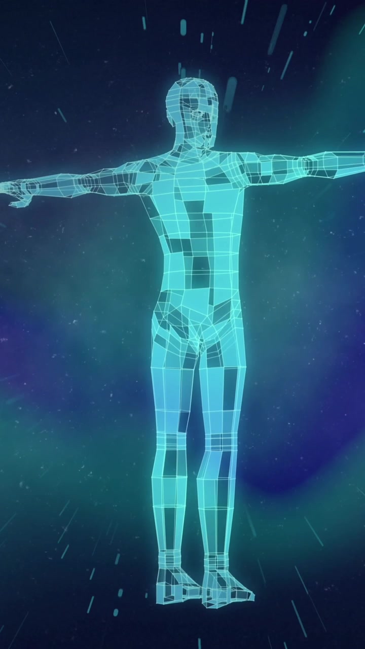 Animation of shapes and digital human over black background
