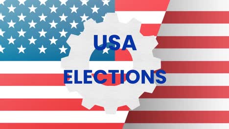 animation of usa elections text and cog wheel over flag of america