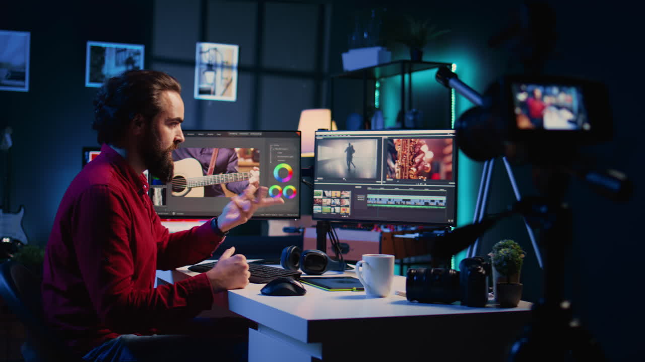 Video editor filming online tutorial about editing color grading and lighting