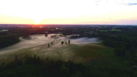 low misty clouds engulfing rural nature at dawn