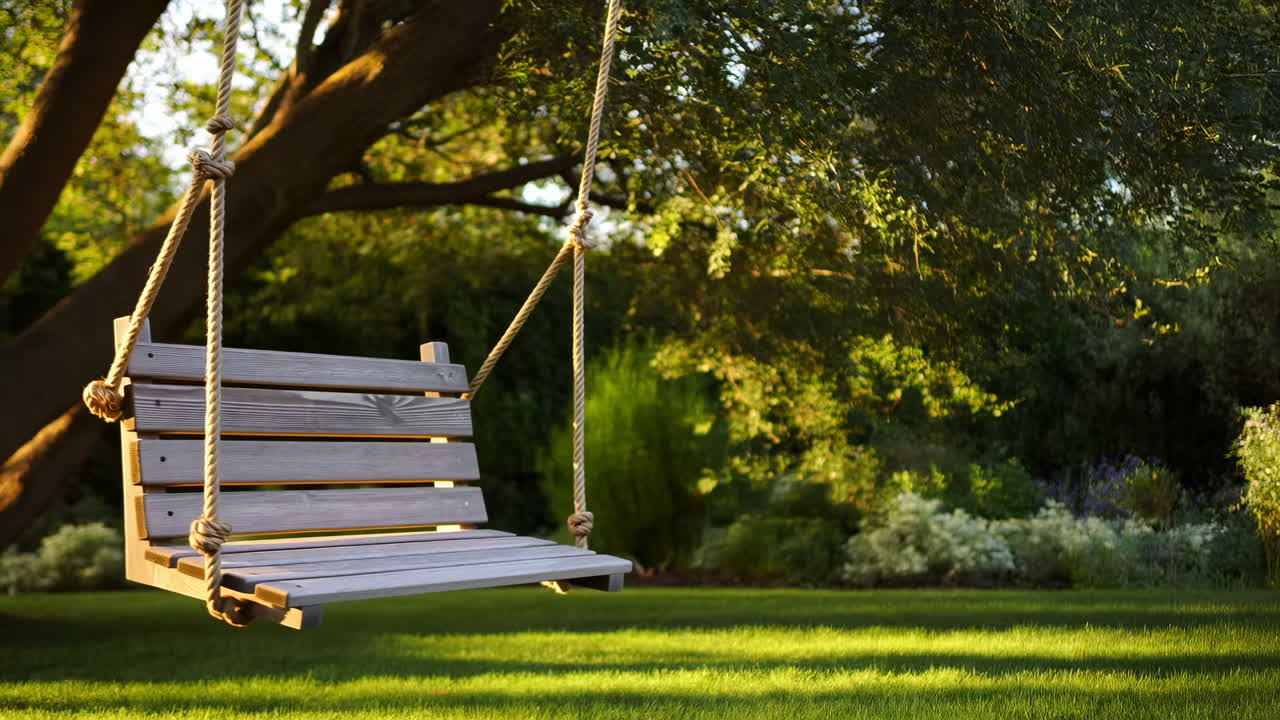 Wooden Tree Swing Gently Swaying in a Lush Green Garden