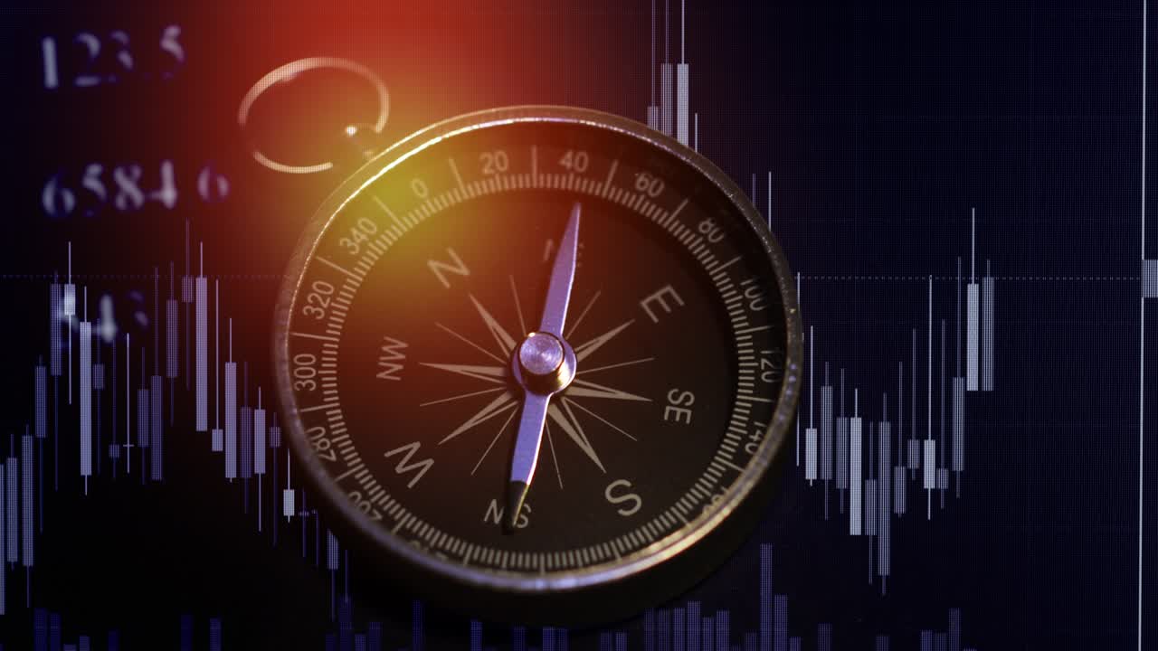 una toma de una brújula con gráfico de comercio