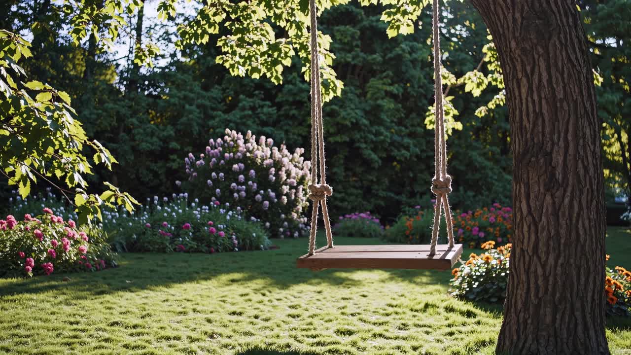 A serene garden scene with a wooden swing, captured from a low angle