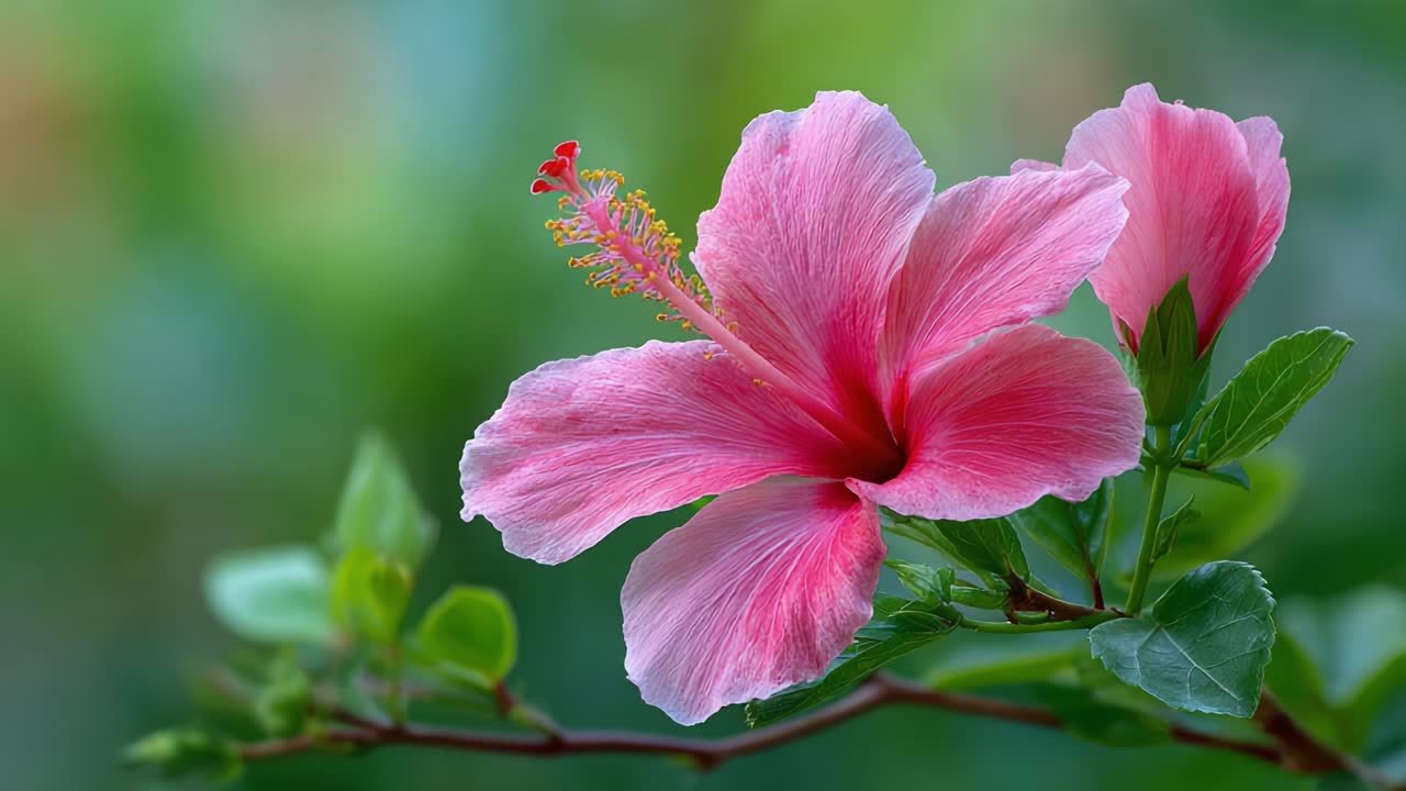 Fioriture Incantevoli: Uno splendido fiore di ibisco che mostra i suoi vivaci petali rosa e la sua struttura unica su uno sfondo verde tenue