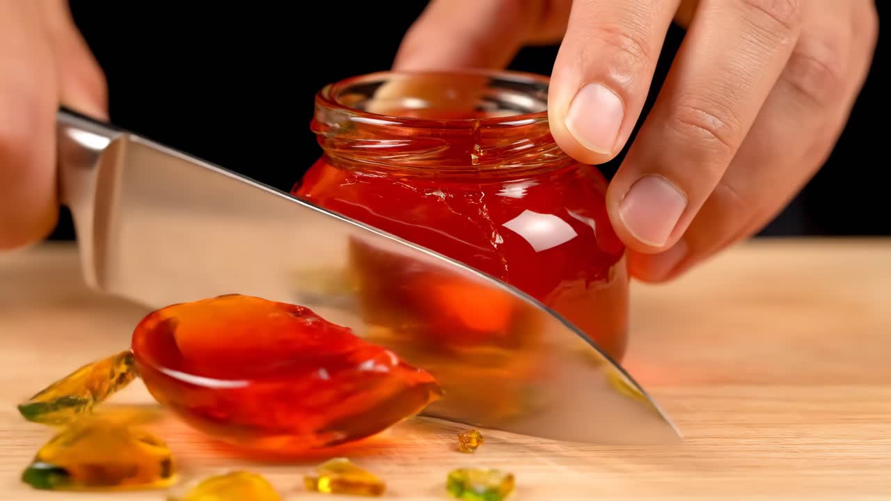 Close up of cutting a jar with a knife