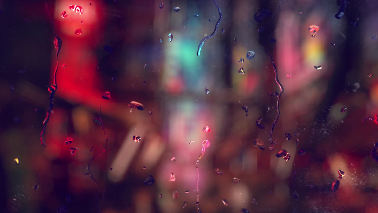 빗방울이 유리를 통해 떨어지고 카메라가 움직입니다.