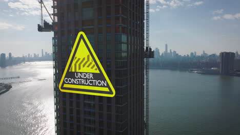 Pull-back-footage-of-modern-high-rise-building-on-waterfront-under-construction.-View-against-sun.-Computer-added-visual-effects.-New-York-City,-USA