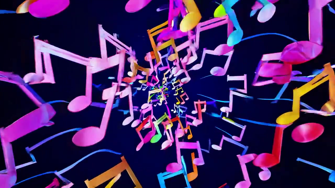 Colorful Music Notes Flying and Floating in an Abstract Animated Loop