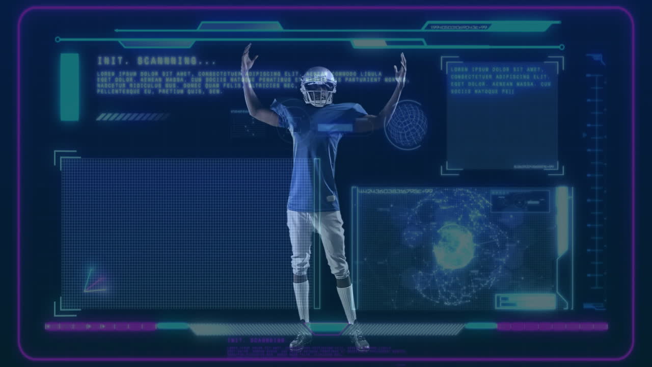 football player raising arms in technology demo, showcasing holographic grid panel and data graphs
