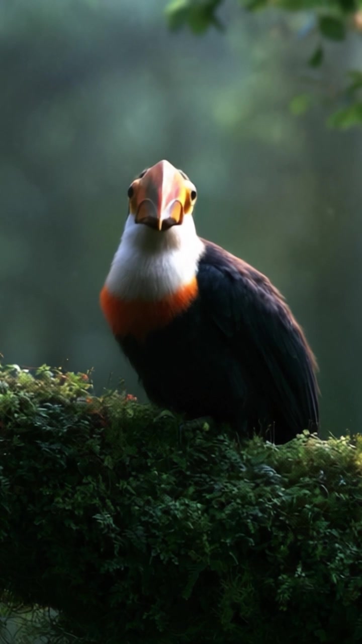 Un tucano vivace guarda la fotocamera: primo piano accattivante di un uccello colorato appollaiato in un ambiente verde lussureggiante con illuminazione soffusa.