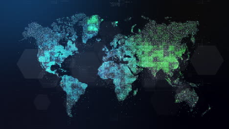 futuristic global 5g communication via broadband internet connections between cities around the world with matrix particles continent map for head up display background