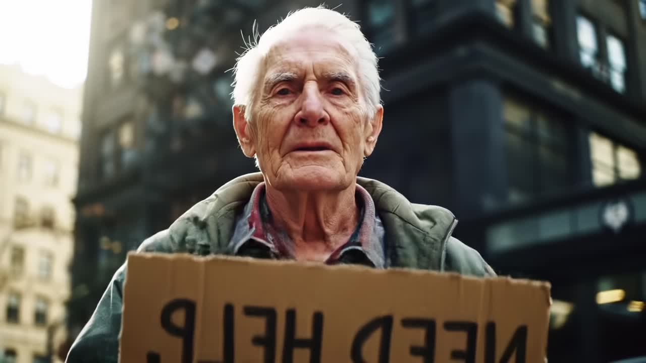 A Striking Portrait of Resilience: An Elderly Man Holds a Sign Asking for Help Amidst Urban Challenges, Capturing the Human Spirit in Times of Need