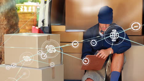 surrounded by network connections animation, delivery worker holding clipboard over packages