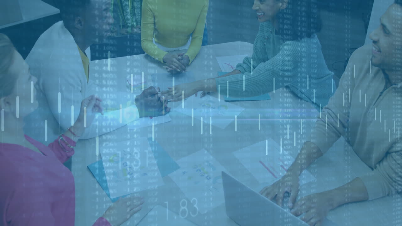Business meeting with diverse team discussing over financial data animation