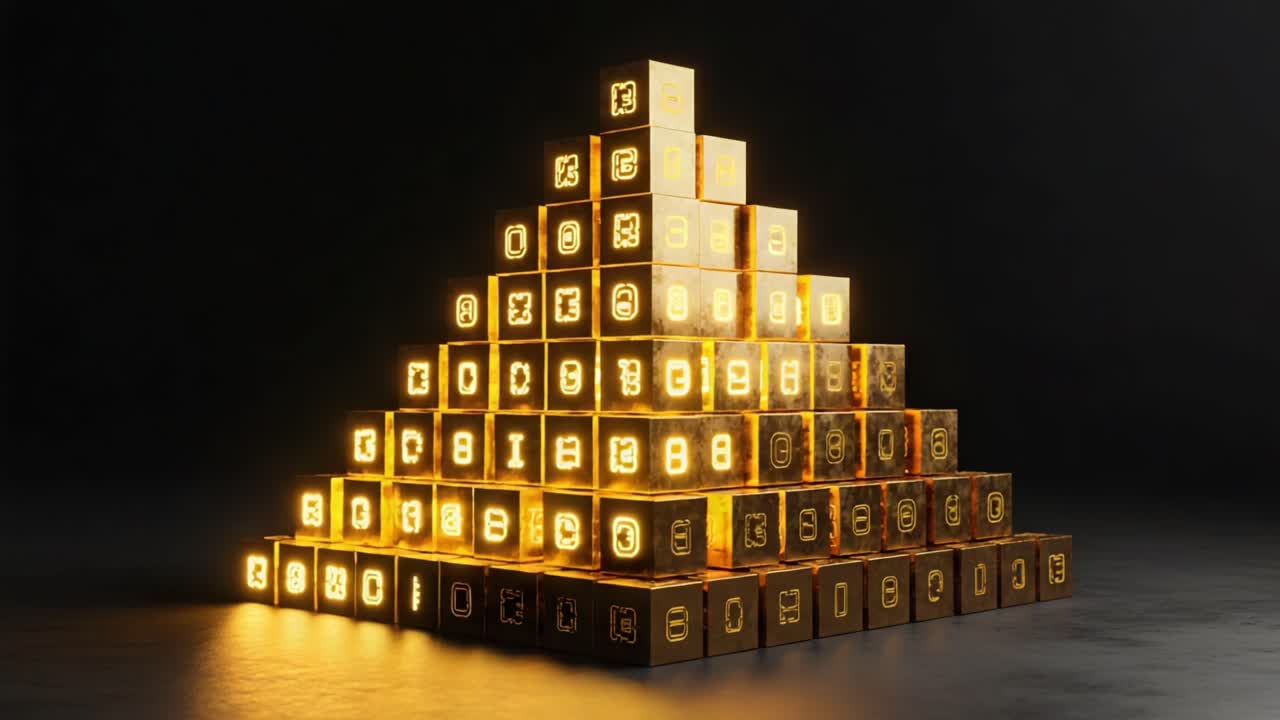 A Stunning Display of Glimmering Golden Blocks Forming a Towering Pyramid Structure Illuminated by Soft Ambient Light, Creating a Magical and Enchanting Atmosphere