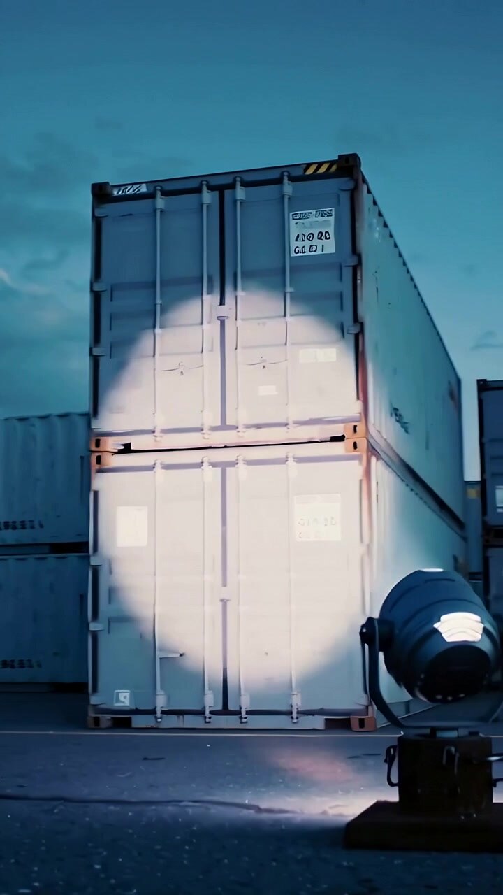 Vertical video: Powering moving head sweeping stacked containers in container yard at dusk