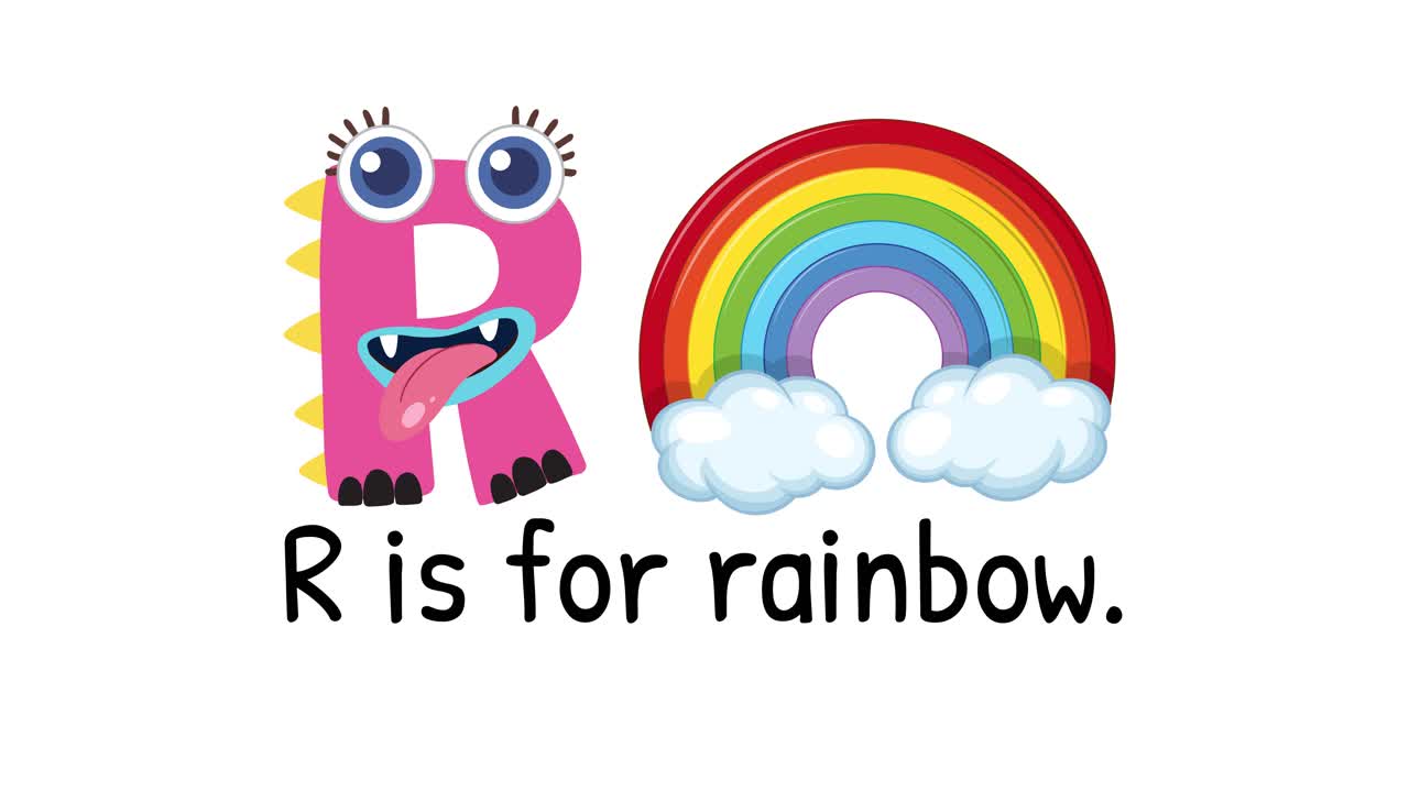 Colorful animation of letter R transforming into a rainbow with playful, vibrant visuals and cheerful mood