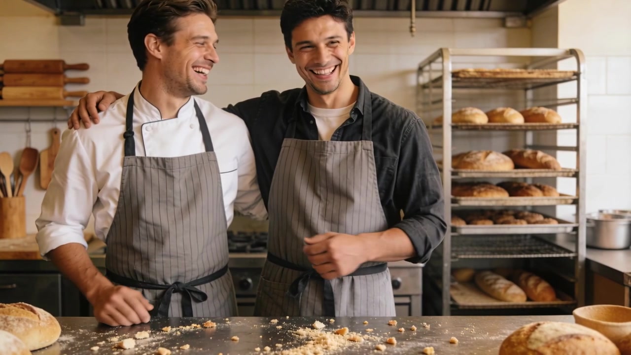 Gesturing two bakers in striped aprons and chef jacket sharing laughs behind counter with loaves