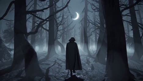 mysterious figure in a foggy forest at night
