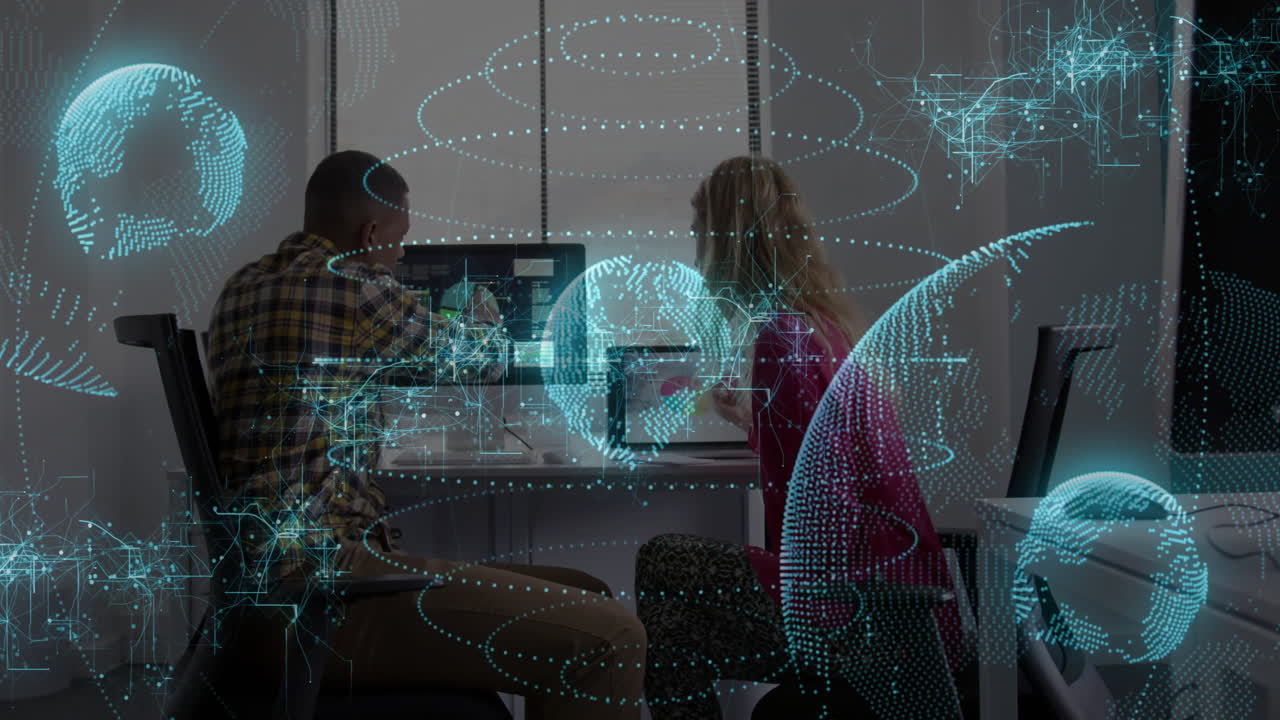 Collaborating in office, people using animation of digital globe and network connections