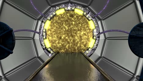 iron rusty hatch opens panoramic view to the spaceship landscape scene. 3d abstract background of sci-fi corridor with portal. futuristic technology abstract vj for tech titles and background.