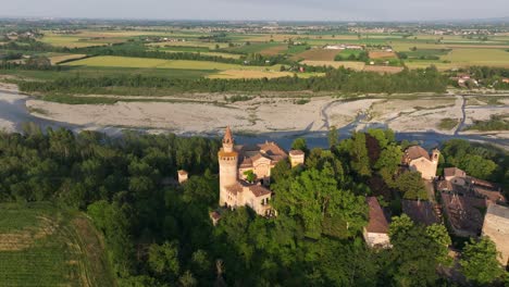 aerial approach of rivalta castle in piacenza province, italy