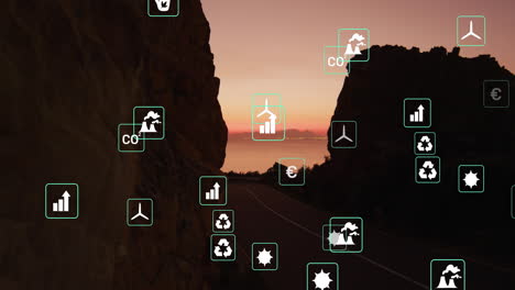 animación de iconos de sostenibilidad y ecología sobre el paisaje