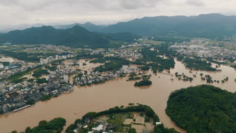 flooded city in china, global warming disaster from drone view
