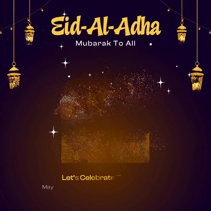 Animazione banner di celebrazione per Eid Al Adha con cammello, pecora e lanterne luminose
