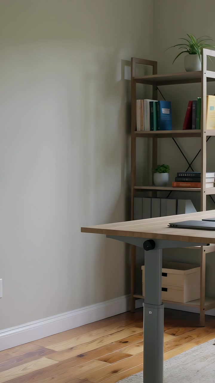 Video vertical: Paneo de un escritorio esquinero que revela un portátil en casa, una mano se posa en el escritorio para empezar a trabajar.
