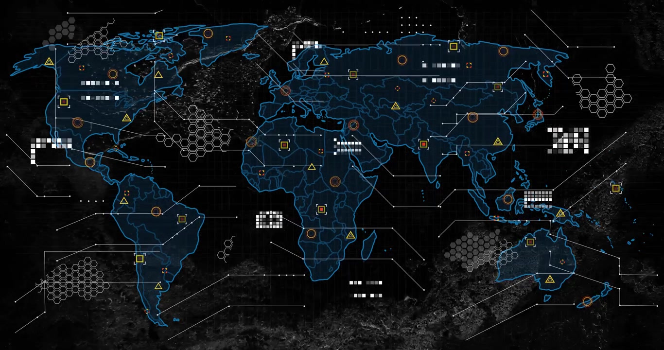 World map floating over dark grid panel, displaying colored markers and hexagon arrays flat design
