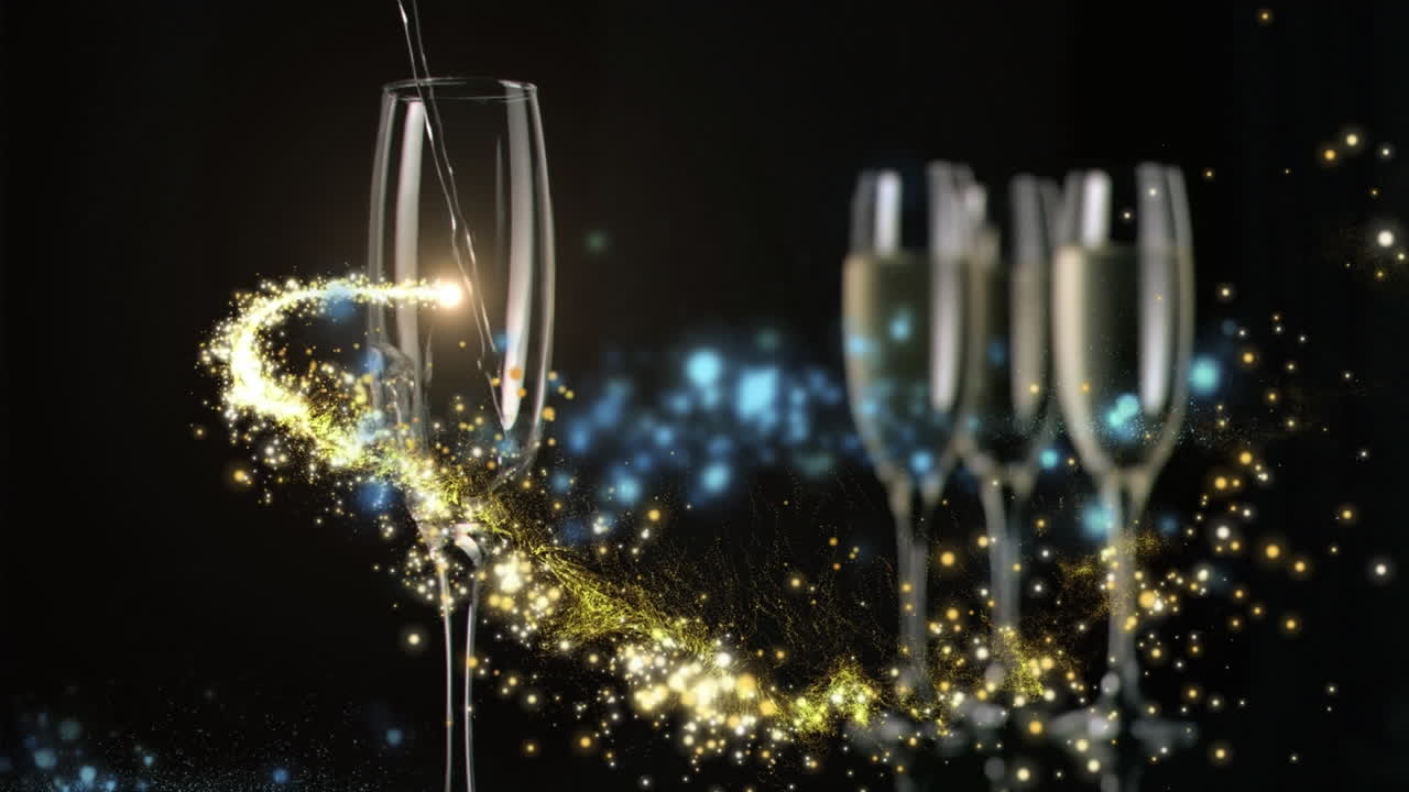 Animazione di champagne che si versa nei calici e luce che si muove su sfondo nero