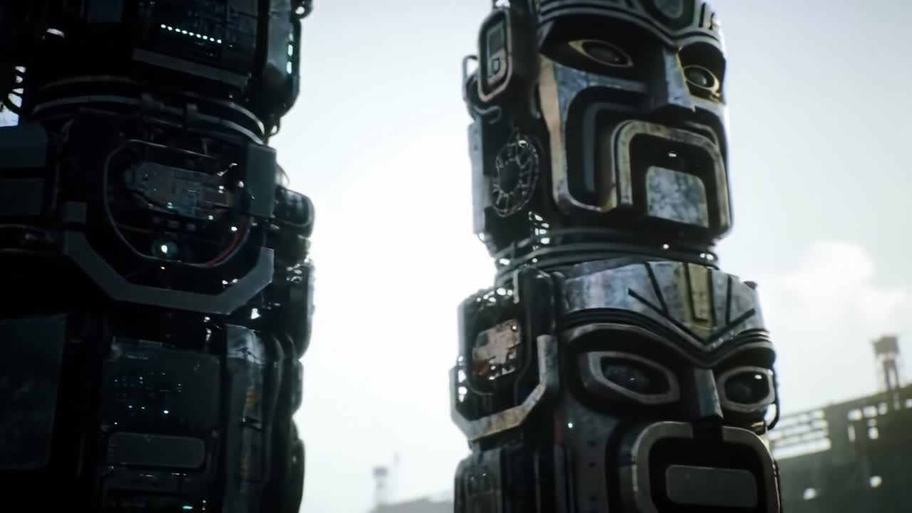 A Surreal Encounter with Ancient-Cybernetic Monoliths: Exploring the Fusion of Nature and Technology in a Dystopian Landscape