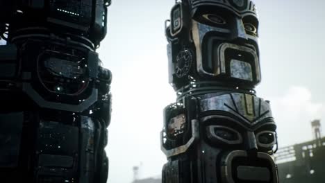 a surreal encounter with ancient-cybernetic monoliths: exploring the fusion of nature and technology in a dystopian landscape