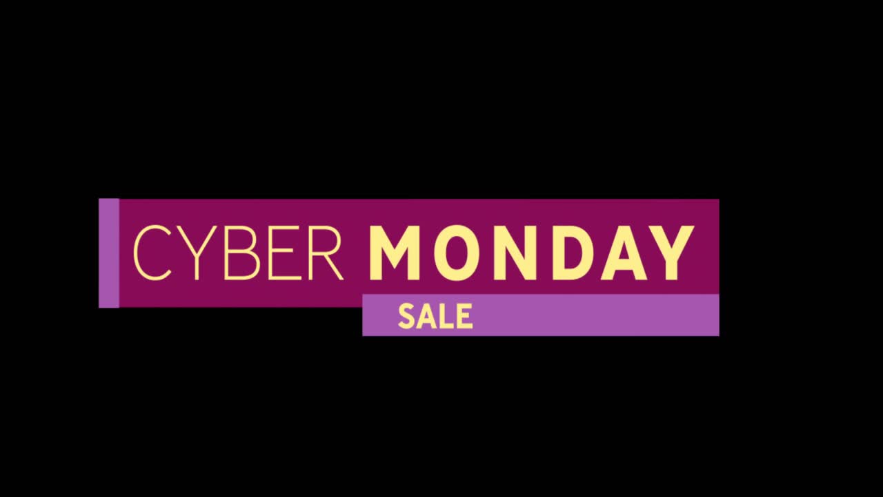 texto de venta de cyber monday amarillo y púrpura que aparece contra una pantalla negra