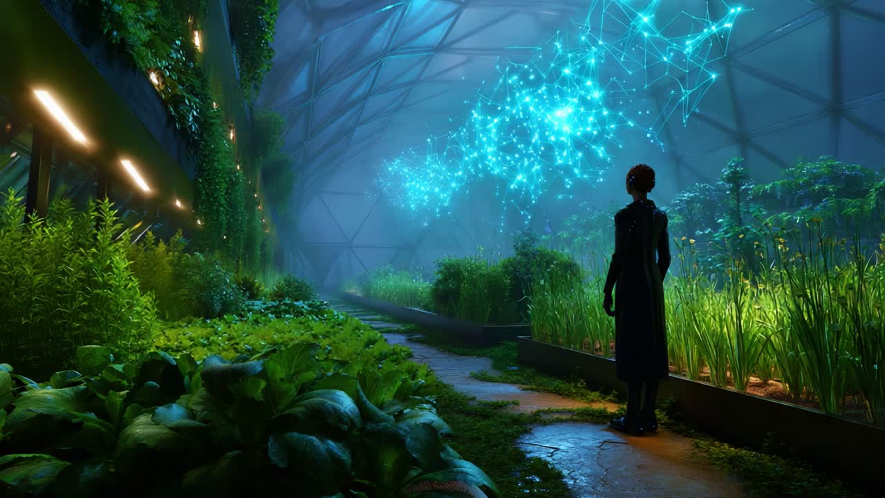 Una figura serena si erge in una serra luminosa, circondata da una vegetazione vivace e modelli di dati illuminati, che mostra una fusione tra natura e tecnologia