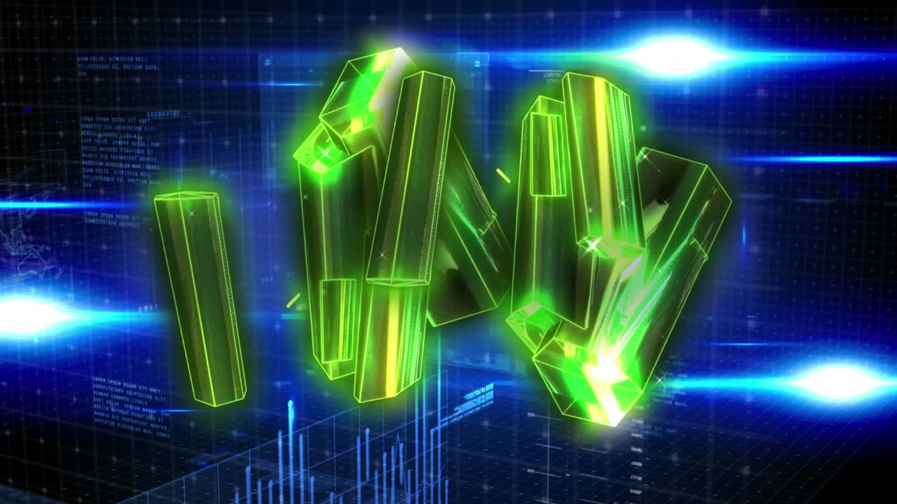 데이터 처리 위에 회전하는 녹색 빛나는 블록의 애니메이션