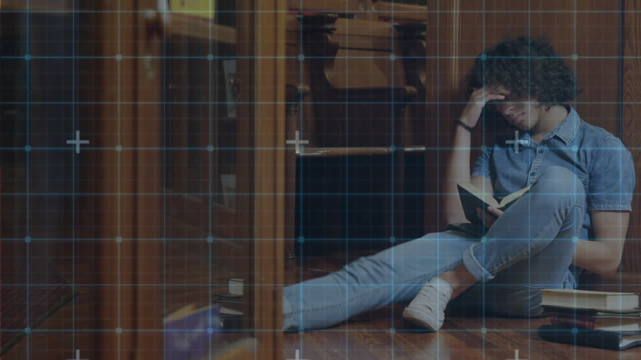 red de red contra el estudiante caucásico estudiando en la biblioteca de la universidad