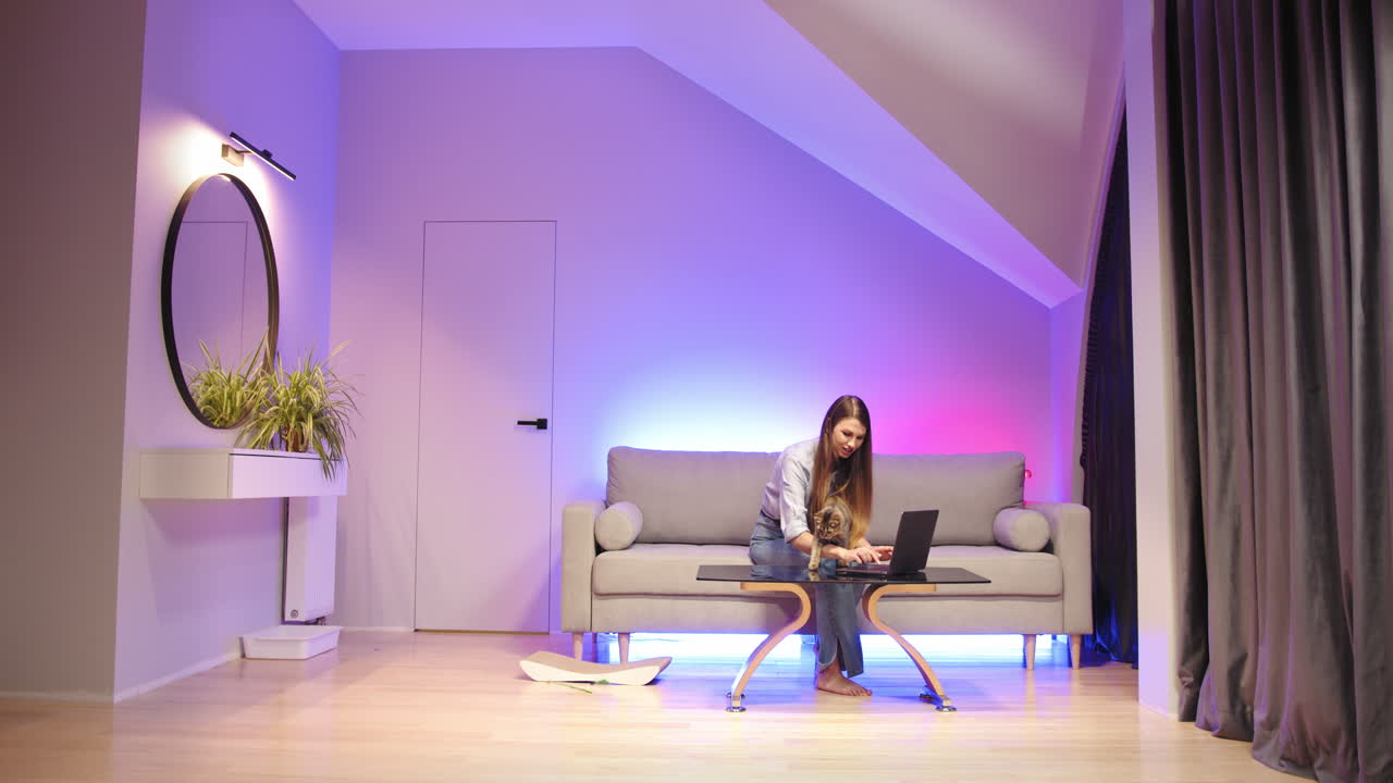 mujer trabajando desde casa con gato