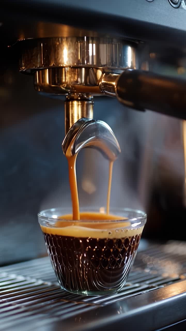 Un processo di estrazione dell'espresso squisito, catturato in due fotogrammi, che evidenzia la ricca crema e il caffè splendidamente preparato in un'elegante tazza di vetro.