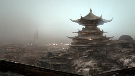 a snowy, distant cityscape with a large temple in the foreground