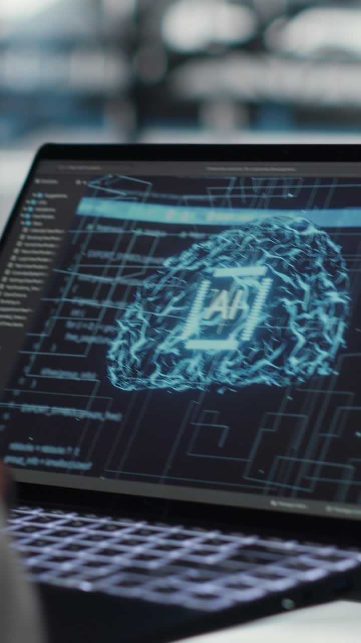 Vertical video Close up of data center engineer doing IT maintenance tasks using AI technology