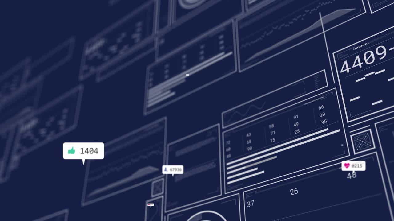 Animation of interface with data processing and social media icons against blue background