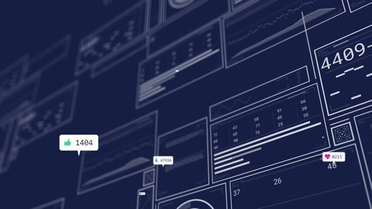 Animation of interface with data processing and social media icons against blue background