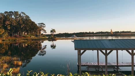 serene lakeside cabin at dawn/dusk