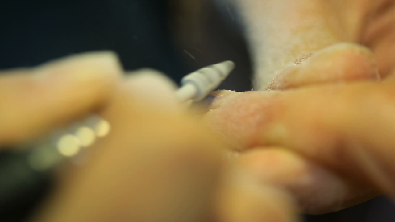 Female manicurist using portable electric nail drill at beauty salon