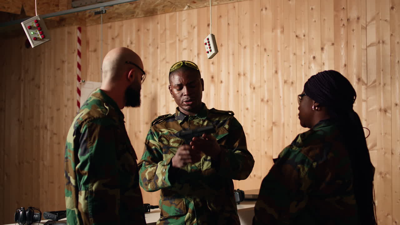 oficial militar instruyendo a los soldados, formando hábitos de combate