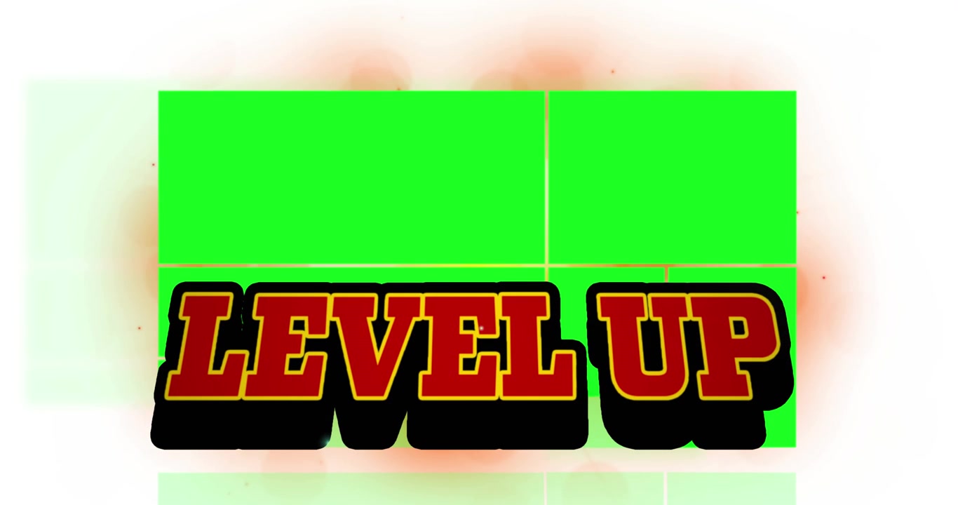 Animation of level up over white background with green and orange shapes