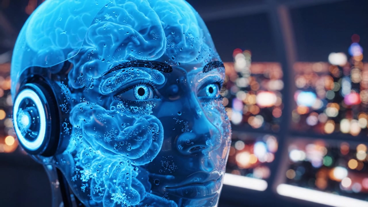 Futuristic Robot Head with Blue Brain and Advanced Technology Eyes Set Against a Glowing Cityscape Creating a Vision of AI and Cybernetic Innovation
